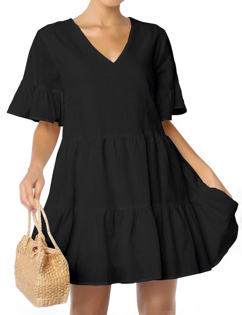 FANCYINN Womens Black Shift Dress with Pockets Bell Sleeve Ruffle Hem V Neck Spring Swing Tunic Mini Dress S - Image 2